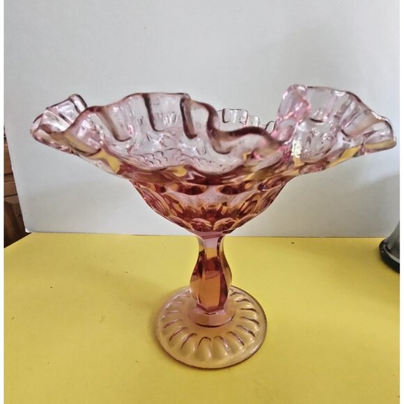 Fenton Peach Pink Glass Footed Bowl Double Ruffled Rim. 7" Tall 8" wide - Picture 2 of 15